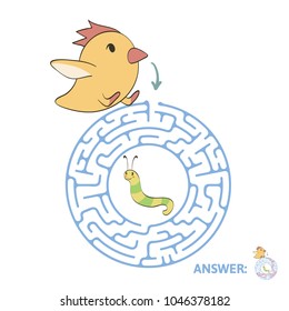 Children's maze with chicken and worm. Cute puzzle game for kids, vector labyrinth illustration.
