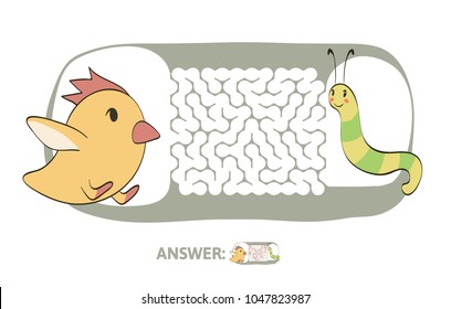 Children's maze with chicken and worm. Cute puzzle game for kids, vector labyrinth illustration.