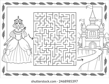 Children's maze coloring book. Beautiful Princess and fabulous castle outline illustration. Erudition Games and Puzzles for children. Simple drawing for girls. Vector line illustration.