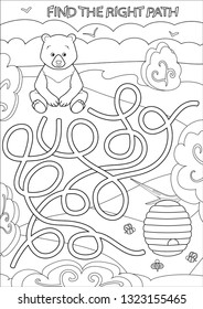 Childrens maze coloring page. Labyrinth kids game with a cute cartoon bear. Activity page. Find the right path. Funny riddle. Education worksheet. Vector illustration.