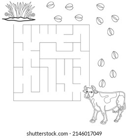 A children's maze with a cow and grass and footprints. Preschool and primary school education.Hand-drawn vector illustration.Coloring book.