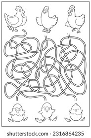 Children's maze with cute animals. Kids labyrinth game and coloring book with chickens. Educational activity page for the development of creativity and art skills.