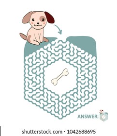 Children's maze with dog and bone. Cute puzzle game for kids, vector labyrinth illustration.