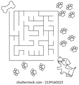 A children's maze with a dog with a bone and footprints. Pre-school and junior school education.Hand drawn vector illustration.Coloring page.