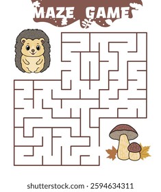 Children's maze game with cartoon hedgehog and mushrooms.