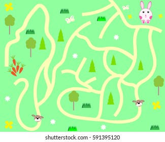children's maze game to help bunny get carrots vector illustration