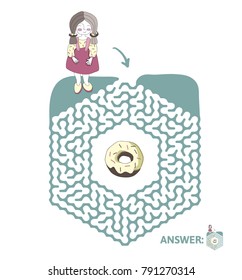 Children's maze with girl and donut. Cute puzzle game for kids, vector labyrinth illustration.
