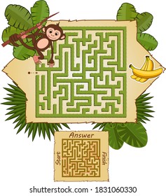 Children's maze with a monkey and bananas. Puzzle for children. Vector maze.