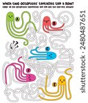 Childrens Maze. Octopuses with tangled tentacles. Educational game for kids. Attention task. Choose right path. Funny cartoon character. Worksheet page. Vector illustration. Isolated white background