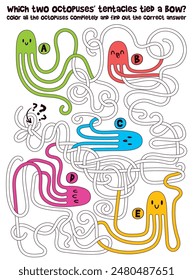 Childrens Maze. Octopuses with tangled tentacles. Educational game for kids. Attention task. Choose right path. Funny cartoon character. Worksheet page. Vector illustration. Isolated white background