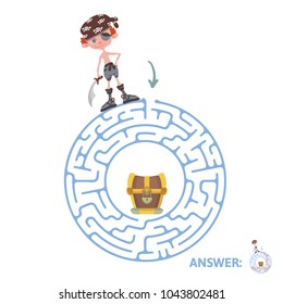 Children's maze with pirate and treasure. Cute puzzle game for kids, vector labyrinth illustration.