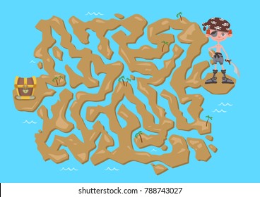 Children's maze. Pirate treasure map. Cute puzzle game for kids, vector labyrinth illustration.