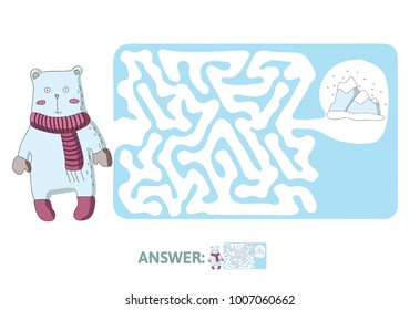 Children's maze with polar bear and the North pole. Cute puzzle game for kids, vector labyrinth illustration.