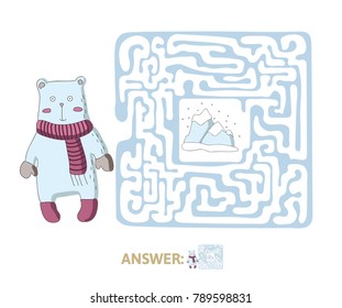 Children's maze with polar bear and the North pole. Cute puzzle game for kids, square vector labyrinth illustration.