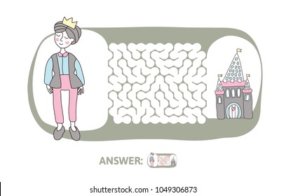 Children's maze with Prince and fairytale castle. Cute puzzle game for kids, vector labyrinth illustration.