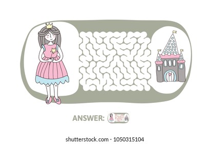 Children's maze with Princess and fairytale castle. Cute puzzle game for kids, vector labyrinth illustration.