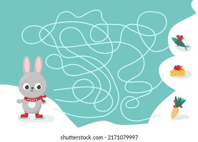 Children's maze. Rabbit is skating on ice. Help bunny to get to delicious Christmas carrot. Colorful vector illustrations for children books in simple cartoon style. Labyrinth and game.