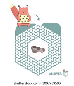 Children's maze with squirrel and nuts. Cute puzzle game for kids, vector labyrinth illustration.
