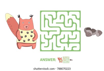 Children's maze with squirrel and nuts. Cute puzzle game for kids, vector labyrinth illustration.