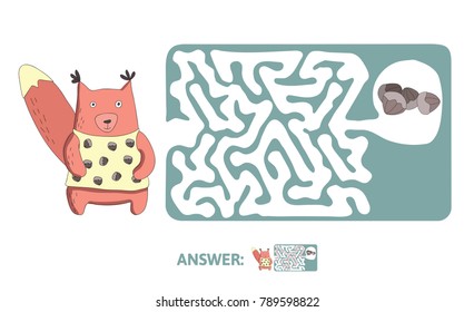 Children's maze with squirrel and nuts. Cute puzzle game for kids, vector labyrinth illustration.