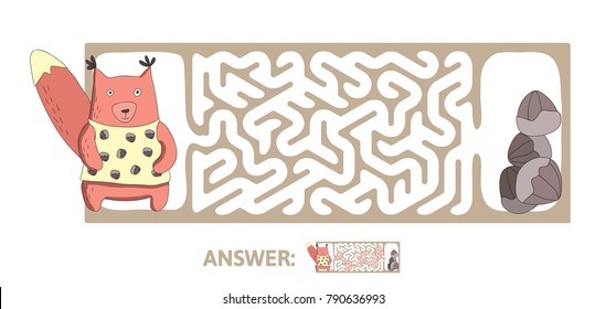 Children's maze with squirrel and nuts. Cute puzzle game for kids, vector labyrinth illustration.