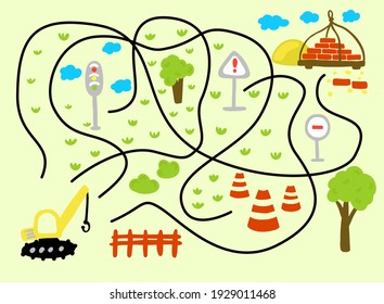 Children's maze. truck crane, road signs. for boys Vector illustration.