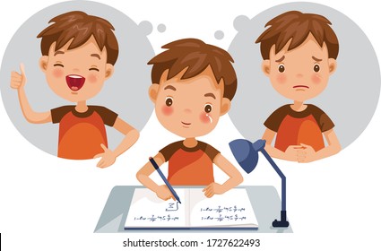 Children's Mental Health concept of boy. Feelings, emotions, and gestures in the opposite state. Mental health problems, normal conditions, stress and relaxation conditions, suffering and happiness.