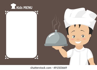 Children's menu. Boy chef holding a tray of prepared dish. Cover vector