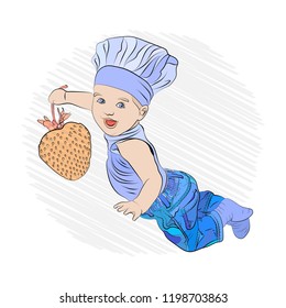 children's menu. cook with a huge juicy and mouth-watering strawberries in their hands. sketching technique