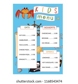 Children's menu. Design of the kids menu in pirate style. Design menu on a blue background. Hand drawing in cartoon style. Vector illustration.