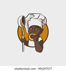 Children's menu for a restaurant. Vector logo - a small African American child a sweet tooth chef in chef's hat eating the wheel, holding a ladle