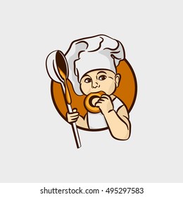 Children's Menu For A Restaurant. Vector Logo - A Small Child A Sweet Tooth Chef In Chef's Hat Eating The Wheel, Holding A Ladle