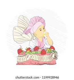 children's menu. sweet cake and baby in the cook's cap eats cake. a cute baby. sketching technique