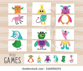 Children's mini game: assemble the pictures. The game develops logic and thinking. Cute monsters.