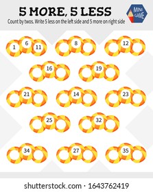 Children's mini-game 5 more, 5 less. Cartoon style. Vector illustration