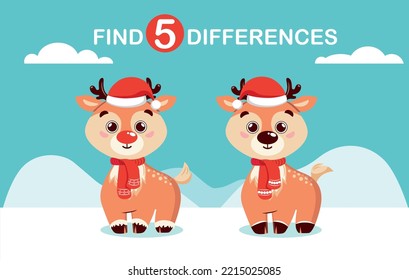 Children's mini-game, find the differences. Cute christmas deer in winter