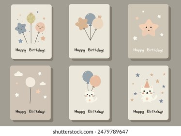 Tarjetas de felicitación de cumpleaños minimalistas de los niños, gran diseño para cualquier propósito. Fondo Abstractas. Antecedentes del Anuncio. Fondo de Vector. Una tarjeta de felicitación. Patrón colorido.