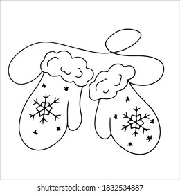children's mittens with snowflakes. warm winter clothes. warm knitted gloves. winter doodles on a white background drawn by a line. anti-stress coloring book.