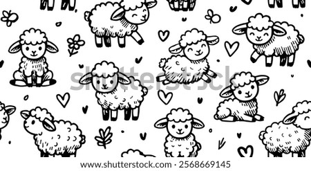 Children's monochrome drawing with sheep, greeting card for newborns. Seamless animal background, cute vector texture for baby bedding, fabric, wallpaper, wrapping paper, textiles, T-shirt print