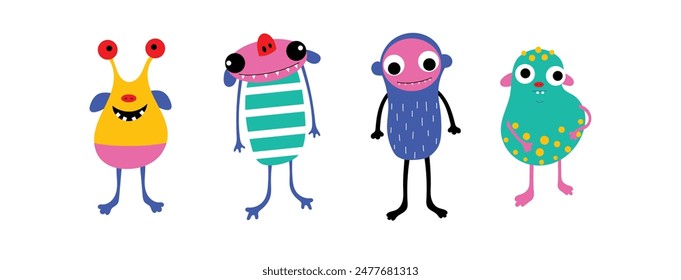 Children's monster set. Halloween cute creatures. Various quirky funny creatures. Cartoon childish style. Cute characters. Colorful hand drawn Vector illustration. Isolated design elements