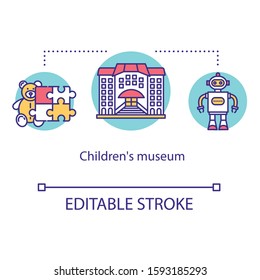 Children's museum concept icon. Educational exhibition visit. Excursion to cultural exposition. School field trip idea thin line illustration. Vector isolated outline drawing. Editable stroke