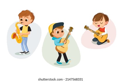 Children's music band. Kids playing music. Cartoon children playing musical instruments. Boy playing guitar. Boy plays an acoustic guitar. Boy playing, improvise on saxophone, flat vector illustration