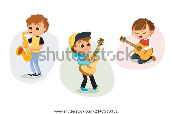 Children\'s music band. Kids playing music.\
Cartoon children playing musical instruments. Boy playing guitar.\
Boy plays an acoustic guitar. Boy playing, improvise on saxophone,\
flat vector\
illustration