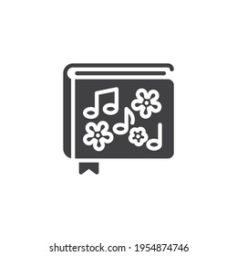 Icono vector de libro de música para niños. signo plano relleno para concepto móvil y diseño web. Canciones de canciones de cuna libro icono de glifo. Símbolo, ilustración del logotipo. Gráficos vectoriales
