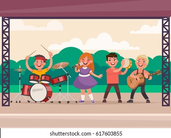 Children's Music Concert In The Park. Vector Illustration In Cartoon Style