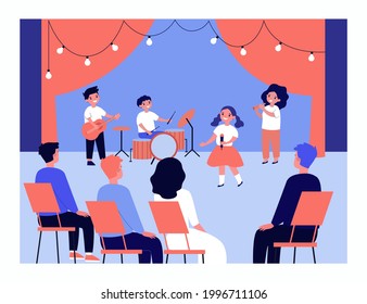 Childrens music group performing on stage. Kids singing, playing guitar, drums and pipe in front of audience flat vector illustration. Performance, artists, celebration concept