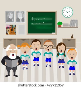 Children's musical groups singing with teacher at musical class. Vector illustration.