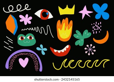  children's naive objects, shapes, geometric, eye, toad, rainbow, characters, multicolored for design cards, posters, banners