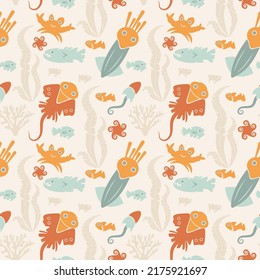 Children's nautical seamless vector pattern. The image shows simplified squids, fish, algae, rays, jellyfish, crabs. Marine life.