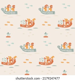 Children's nautical seamless vector pattern. Fishermen catch fish, carry fish on a boat. Fishing. Marine life.